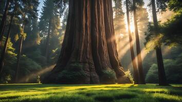Giant Sequoia Tree in Forest with Light Rays photo