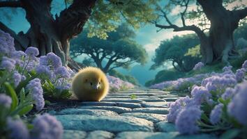 Cute Animal on Cobblestone Path with Purple Flowers photo