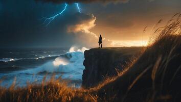 Person on Cliff During Storm with Lightning and Waves photo