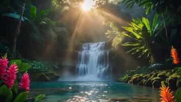 Waterfall in Jungle Sunlight Flowing Into Clear Water Pond photo