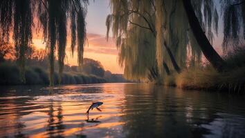 Fish Jumping in River at Sunset photo