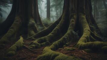 Forest Trees with Mossy Roots in a Green Woodland photo