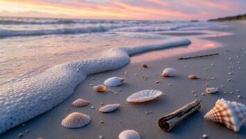 Seashells on Beach at Sunset Landscape photo