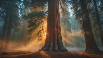 Sequoia Trees in Forest with Sunlight and Mist photo