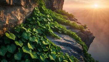 Cliff Edge with Green Vine and Sunrise View photo