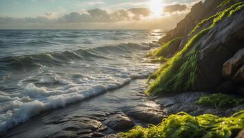 Rocky Beach at Sunrise with Seaweed and Waves photo