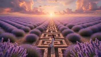 Woman in Lavender Field Labyrinth at Sunset photo
