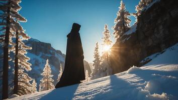 Person in Cloak in Snowy Winter Landscape photo