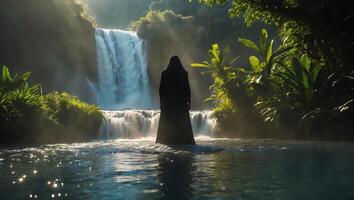 Person in Robe Standing in Front of a Waterfall in a Jungle photo
