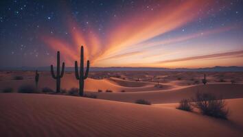 Desert Landscape with Cacti at Dusk Featuring a Colorful Sky photo