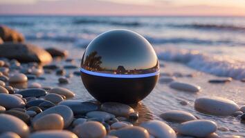 Black Sphere on Pebble Beach at Sunset by the Ocean photo