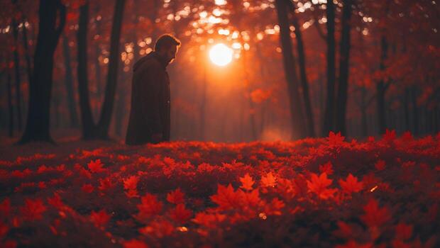 Man in Forest with Autumn Leaves and Sunset photo
