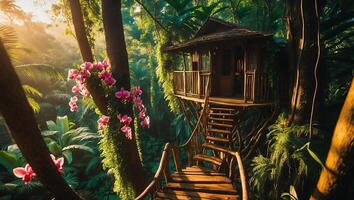Treehouse in Lush Tropical Rainforest with Pink Flowers photo