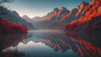 Mountain Lake Scenery with Red Trees Reflection photo