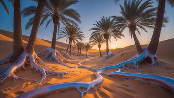 Palm Tree Oasis in Desert Sunset photo