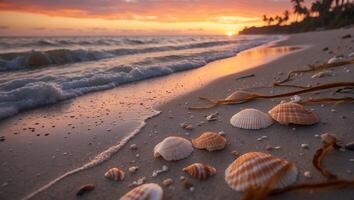 Seashells on Beach at Sunset Sand and Waves photo