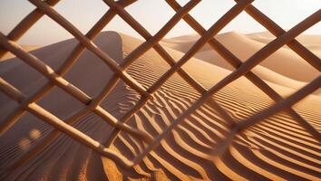 Sand Dunes Seen Through Wooden Fence in Desert Landscape photo