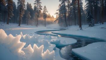 Frozen River Flowing Through Snow Covered Forest at Winter Sunset photo