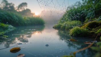 Spiderweb Over Water with Moss and Grass at Dawn photo