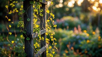 Climbing Plant on Wooden Trellis in Garden photo