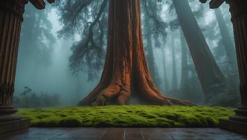 Giant Redwood Tree in Foggy Forest photo
