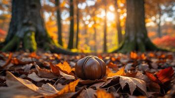 Autumn Leaf and Chestnut in Forest photo