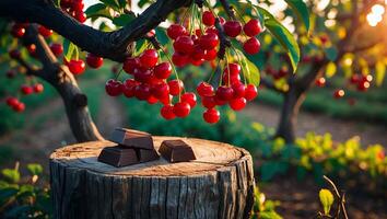 Cherry with Chocolate on Tree Stump in Orchard photo