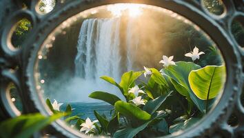 Waterfall and White Flowers View Through Ornate Frame photo