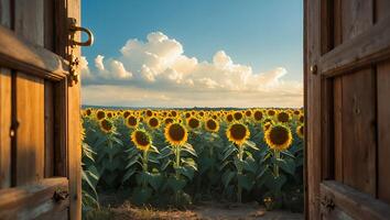 Sunflower Field Viewed Through Open Door on Summer Day photo