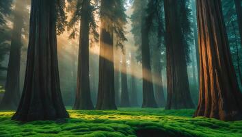 Giant Redwood Trees in Forest with Sun Rays and Green Moss photo