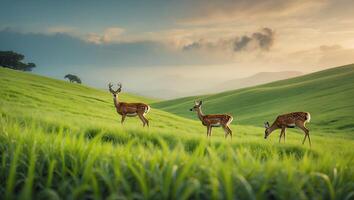 Deer Grazes on Green Grass Landscape photo