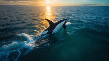 Orca Whale Leaping From Ocean at Sunset photo