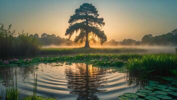 Tree in Fog Over Lake at Sunrise photo