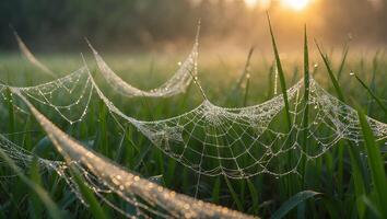 Spiderweb with Water Drops on Grass at Sunrise photo