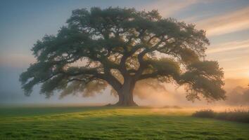 Majestic Tree in Foggy Field Landscape photo