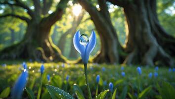 Blue Flower and Crystal Orb in Forest photo