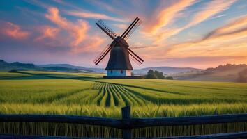 Windmill in Field at Sunset Landscape Scene photo