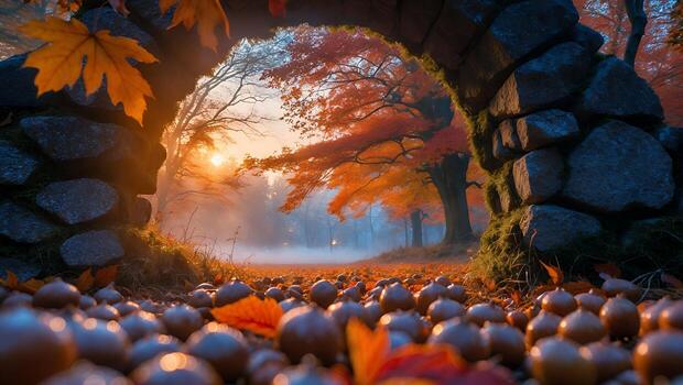 otoño escena con Roca arco y vistoso hojas foto