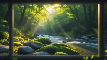 Forest Stream with Mossy Rocks Viewed Through a Window photo