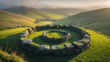 Stone Circle on Green Hill at Sunrise in Rural Landscape photo