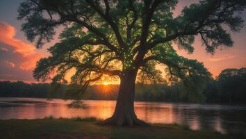 Tree at Sunset Over Water photo