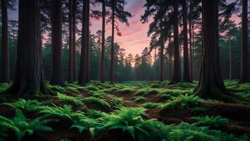 Forest Landscape with Ferns and Trees at Sunset photo