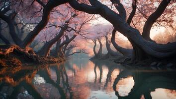 Cherry Blossom Trees Lining a River Landscape photo