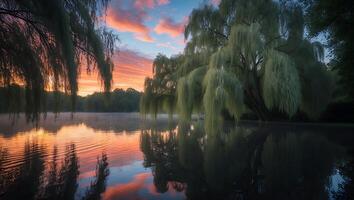 Willow Tree Reflecting in Water Under Colorful Sky photo