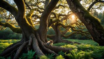 Squirrel in Sunny Forest with Mossy Tree and Ferns photo
