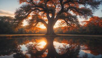 Large Tree Reflecting in Water at Sunset photo
