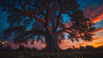 Majestic Tree at Sunset in Field Landscape photo