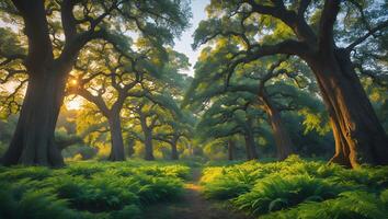 Lush Forest Path with Sunlight Filtering Through Trees photo
