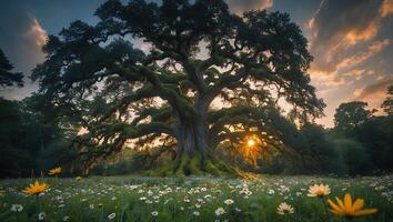 Majestic Old Tree with Meadow of Flowers at Golden Sunset photo