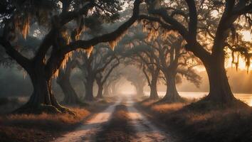 Scenic Road Through Tree Tunnel with Spanish Moss and Sunrise photo